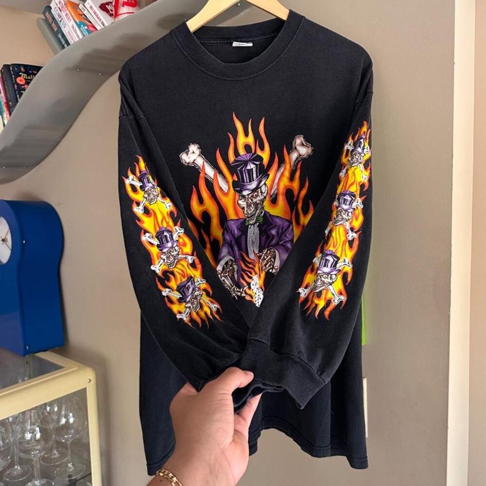 Vintage Six Flags Black Flame Skeleton Long Sleeve Shirt